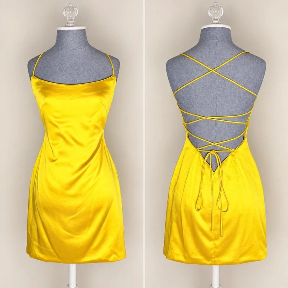 Ieena Mac Duggal Lemon Satin Open Back Mini Dress Size 2 NWT